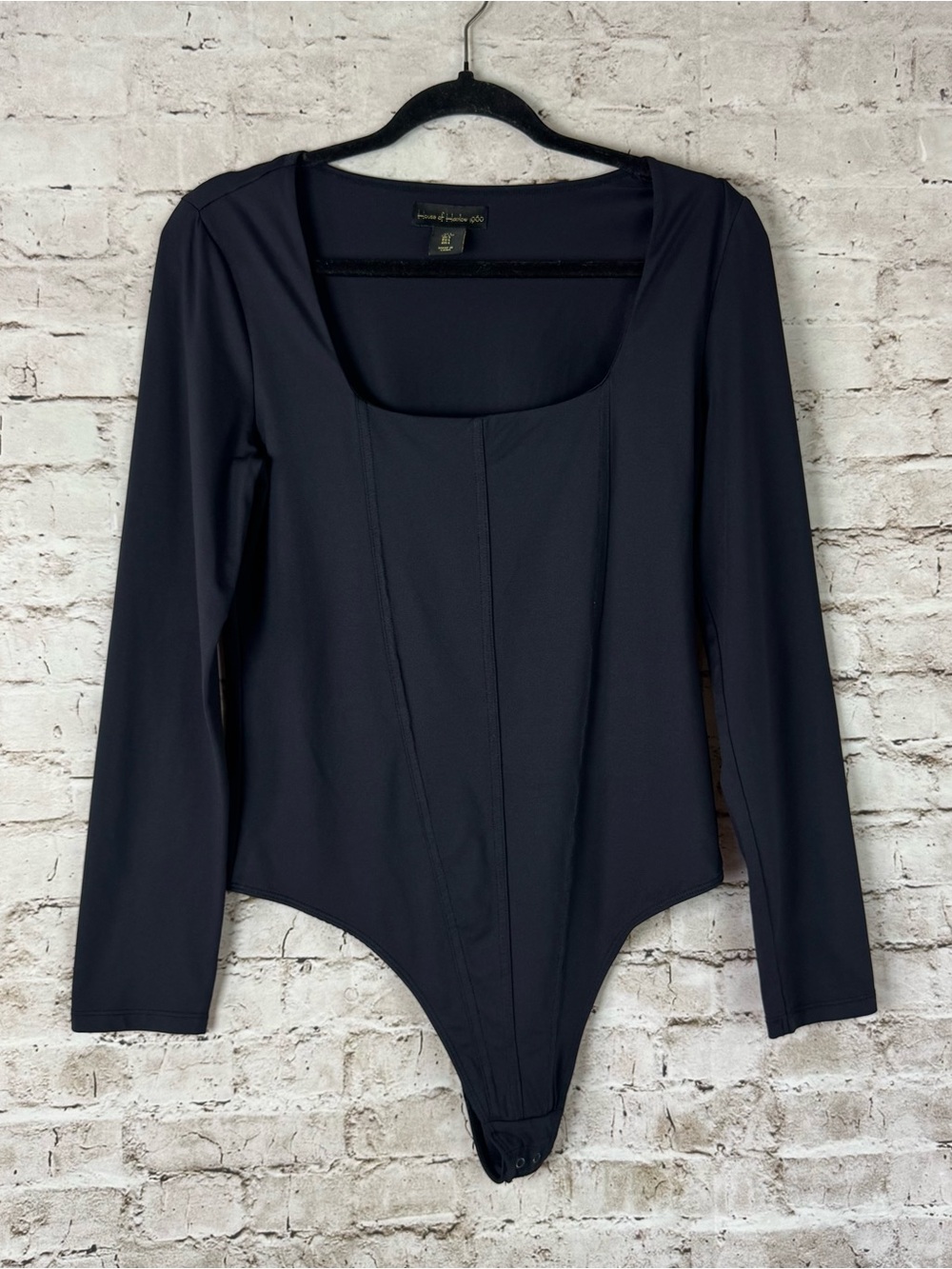 House of Harlow 1960 Large Black Square Neck Seamed Long Sleeve Bodysuit Stretch
